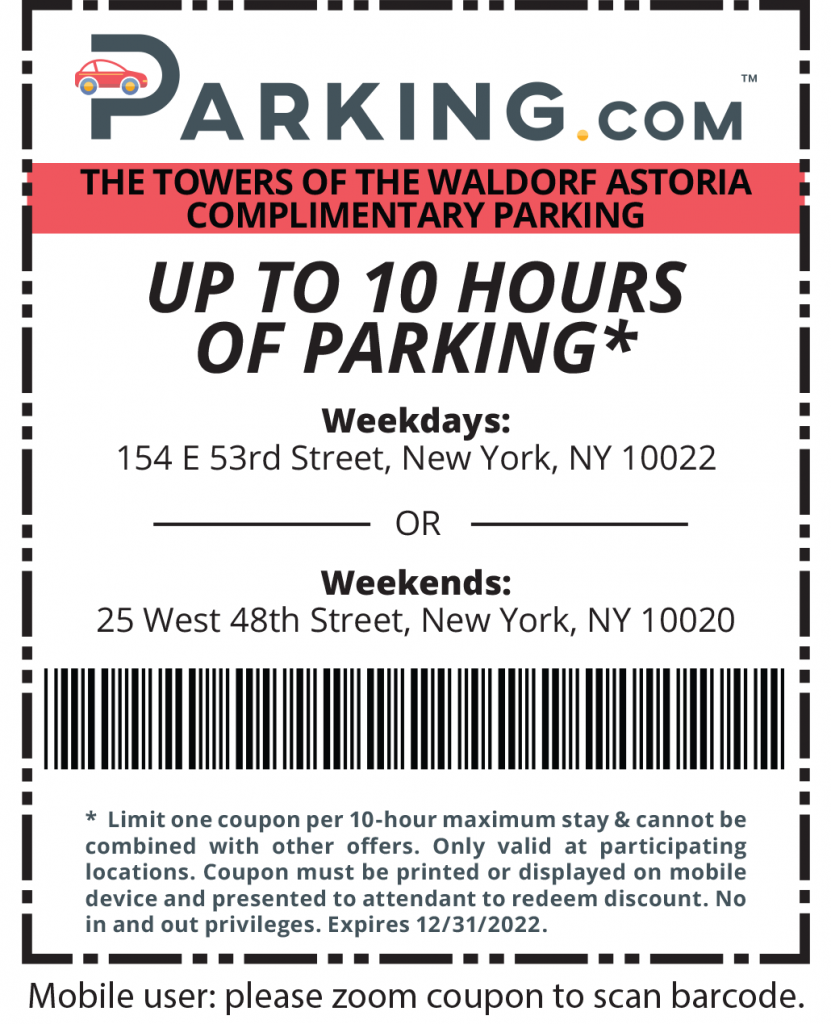 towers waldorf astoria complimentary parking coupon